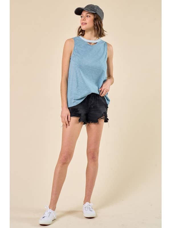 Doe and Rae - Wholesale Tank Top - Women's - Slub Knit Cutout Muscle Tank, Woven Stripe Details - 14754T