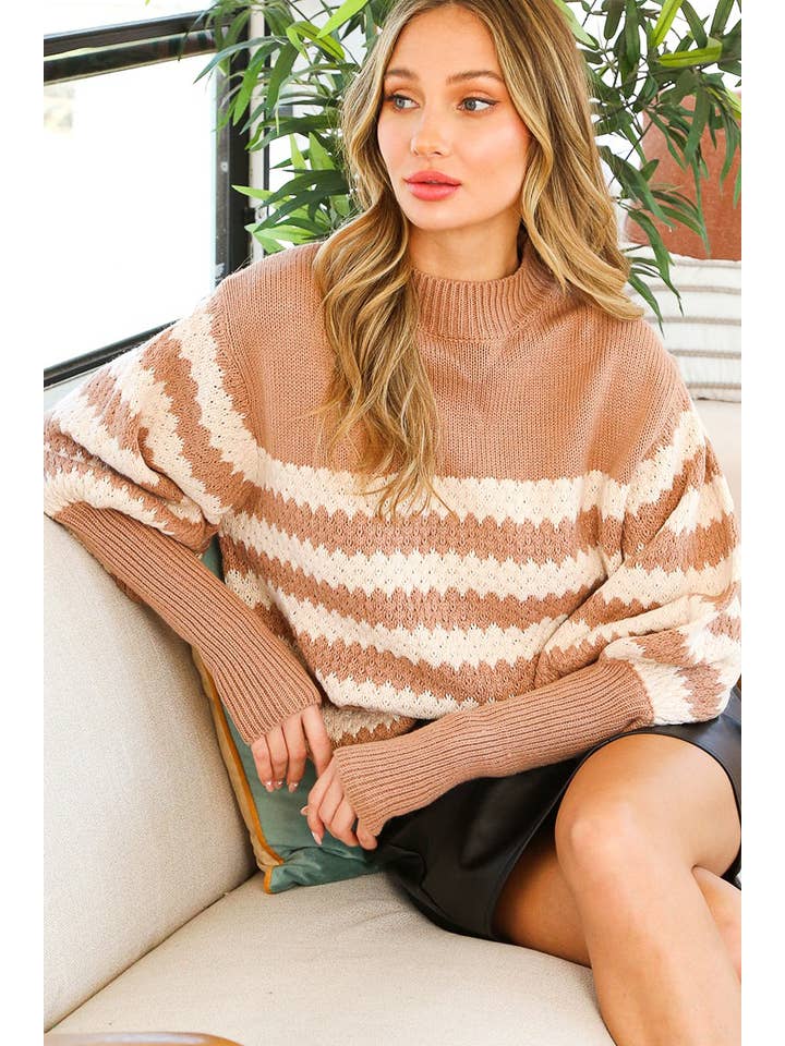 Vine & Love - Wholesale Knit Sweater - Women's - Ribbed Mock Neck Textured Striped Knitted Sweater VT7033221