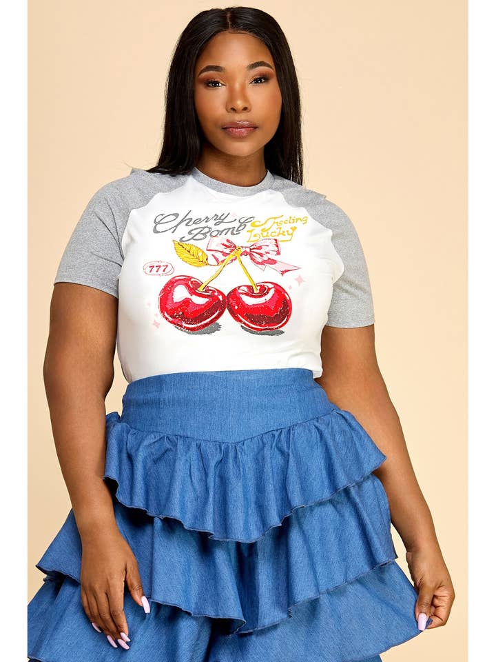 PLUS-Short Sleeve Color Block Graphic T-Shirt Top for wholesale by FashionShowcase