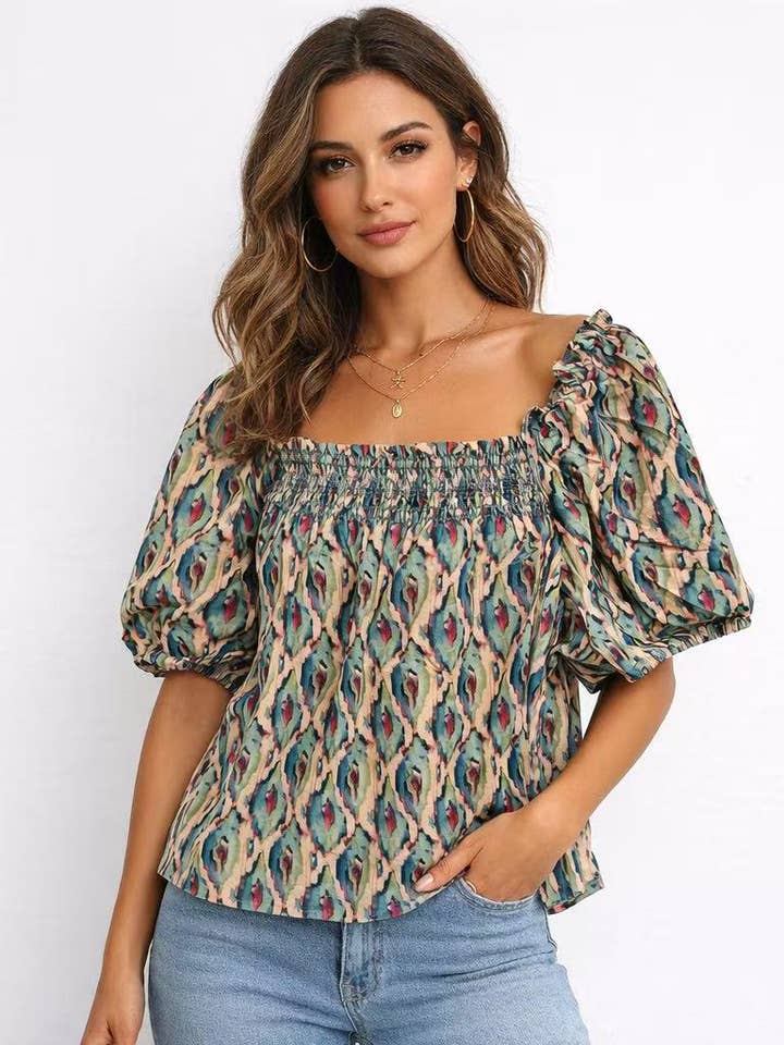 24119521- Off Shoulder Smocked Blouse Multicolor Abstract for wholesale by The Korner - USA