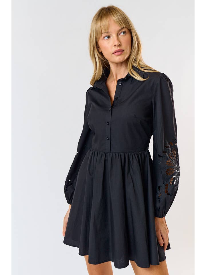 Lalavon - Wholesale Dress - Women's - ILD4198 EMBROIDERED FLORAL BUTTON UP FLARED MINI DRESS