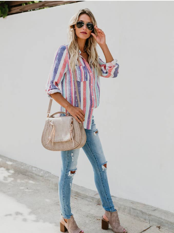 PURPLE FASHION CONTRAST COLOR STRIPED FASHION SHIRT for wholesale on Faire