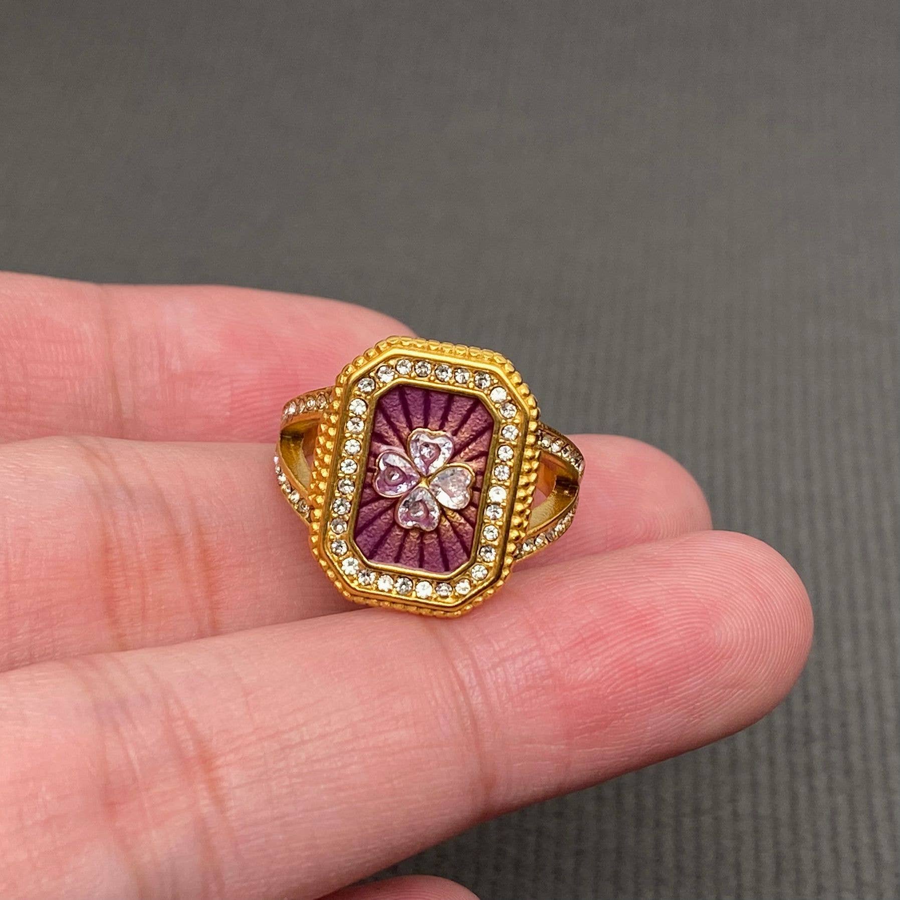 Mio Queena - Wholesale Cocktail/Statement Ring - Inlaid CZ Enamel 18K Gold Plated Stainless Steel Ring - FGS5