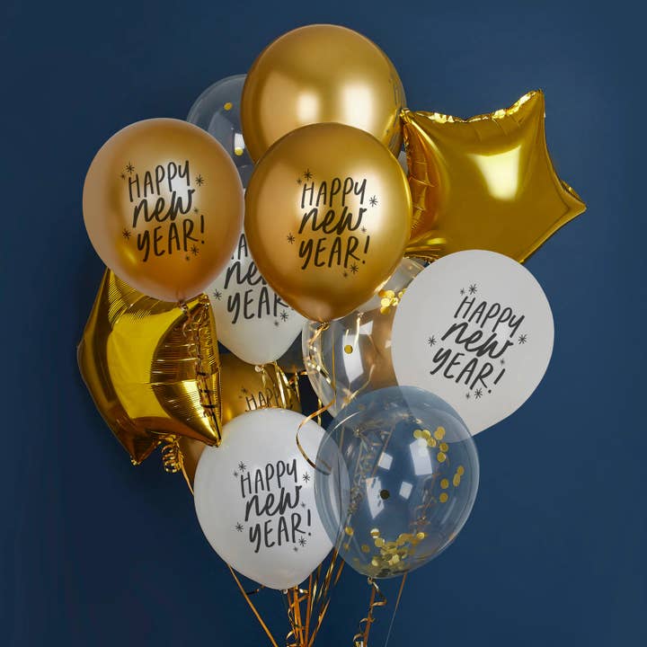 New Years Latex & Foil Balloon Bundle 12 Pack for wholesale by Hootyballoo by Club Green