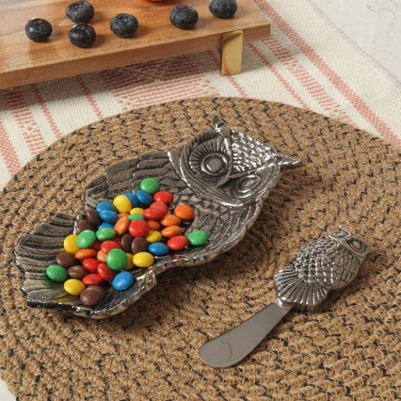 Owl Dish with Spreader – Silver, SKU - 71862 for wholesale by India Handicrafts Inc