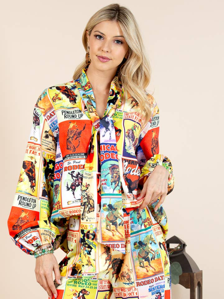 T1629-5615-Norma Cowboy-blouse met lintprint en geassorteerde print voor wholesale door Nylon Apparel