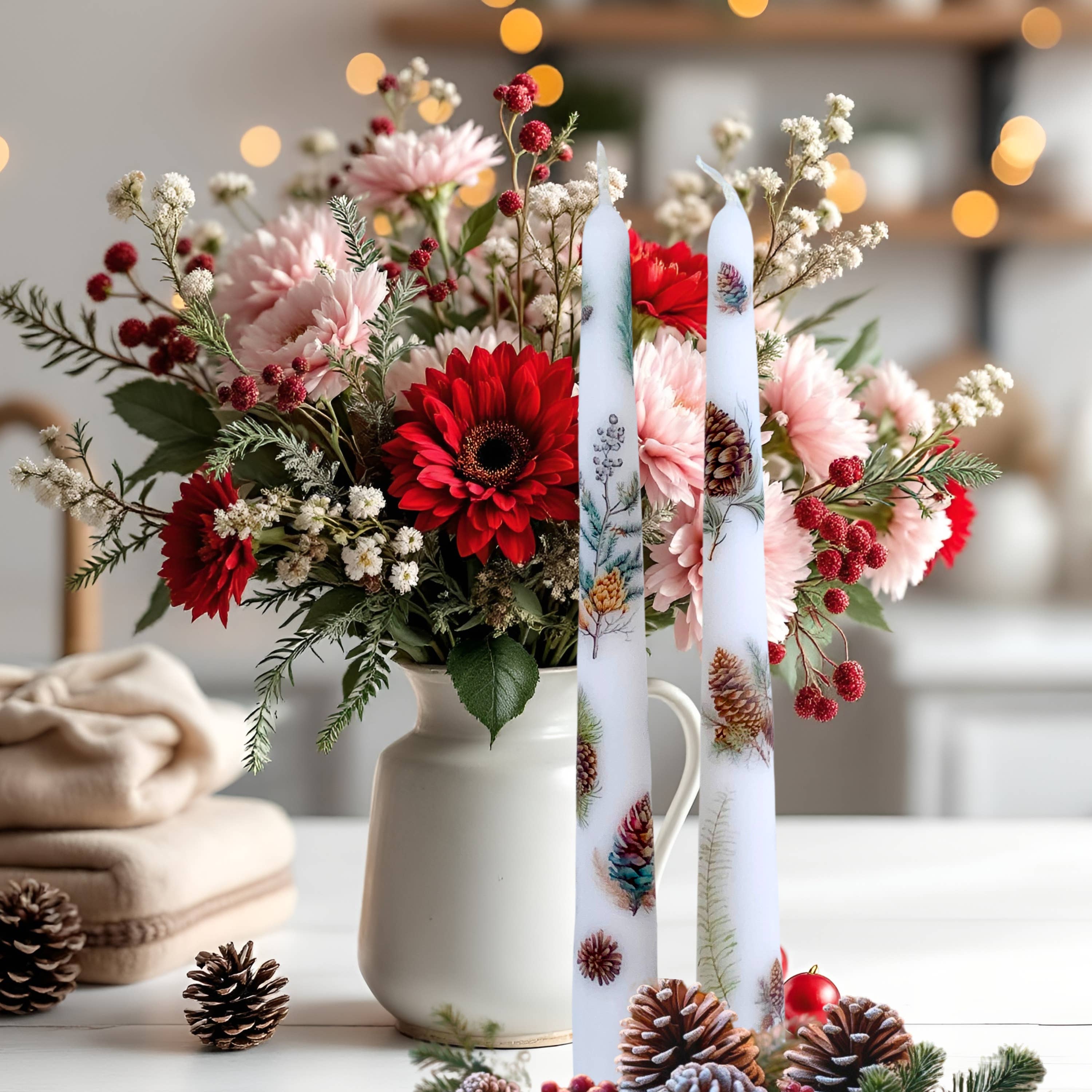 Designs by Michaela - Wholesale Tapered Candle/Candlestick - Winter Forest Pinecone Taper Candles for Gifts + Home Decor1