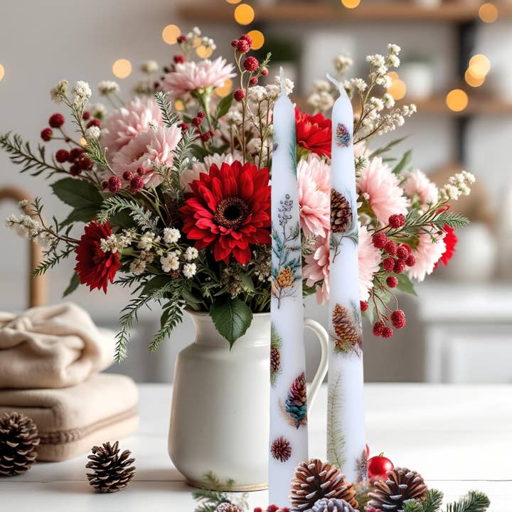 Designs by Michaela - Wholesale Tapered Candle/Candlestick - Winter Forest Pinecone Taper Candles for Gifts + Home Decor1
