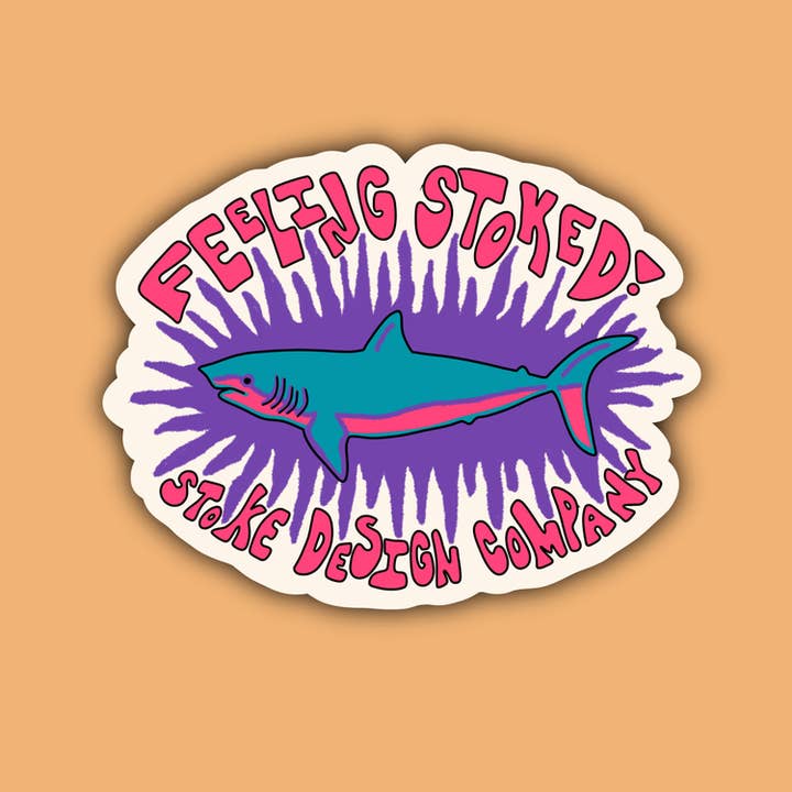 90S FEELING STOKED SHARK STICKER for wholesale by Stoke Design Company