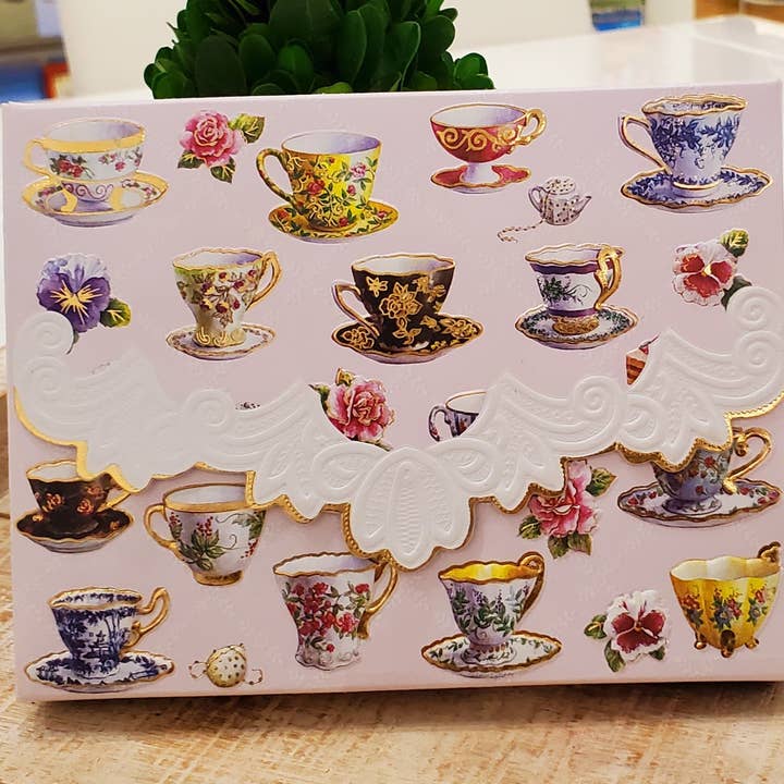 Carol Wilson Fine Arts Inc./For Arts Sake - Wholesale Stationery/Notecard Set - Tea Cups Embossed, Die-cut Boxed Note Cards NCP2049