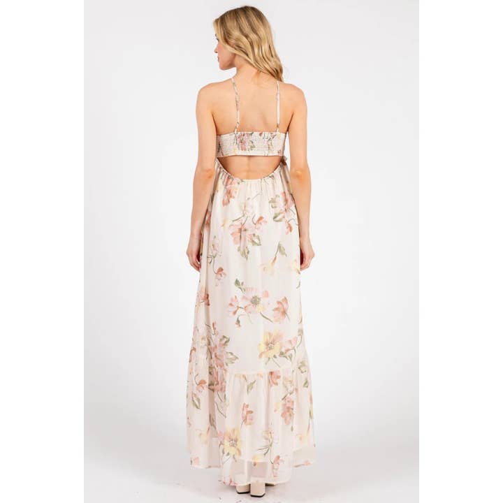 CREAM HALTER NECK TIE TIERED MAXI CHIFFON DRESS for wholesale on Faire
