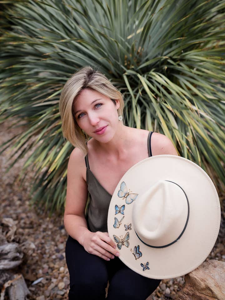 Blue Butterfly Dance - Rancher Style - Cream Felt Hat for wholesale by CGDesigns