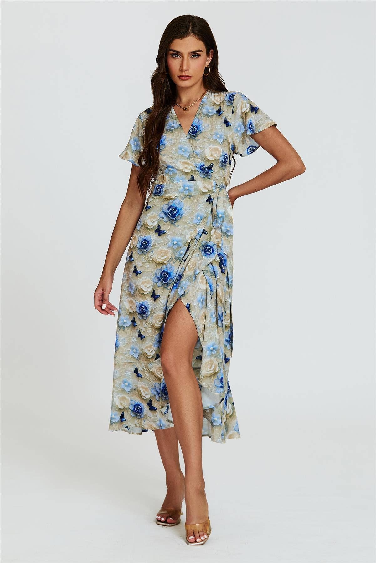 Floral Print Wrap Hem Midi Dress In Beige for wholesale on Faire1