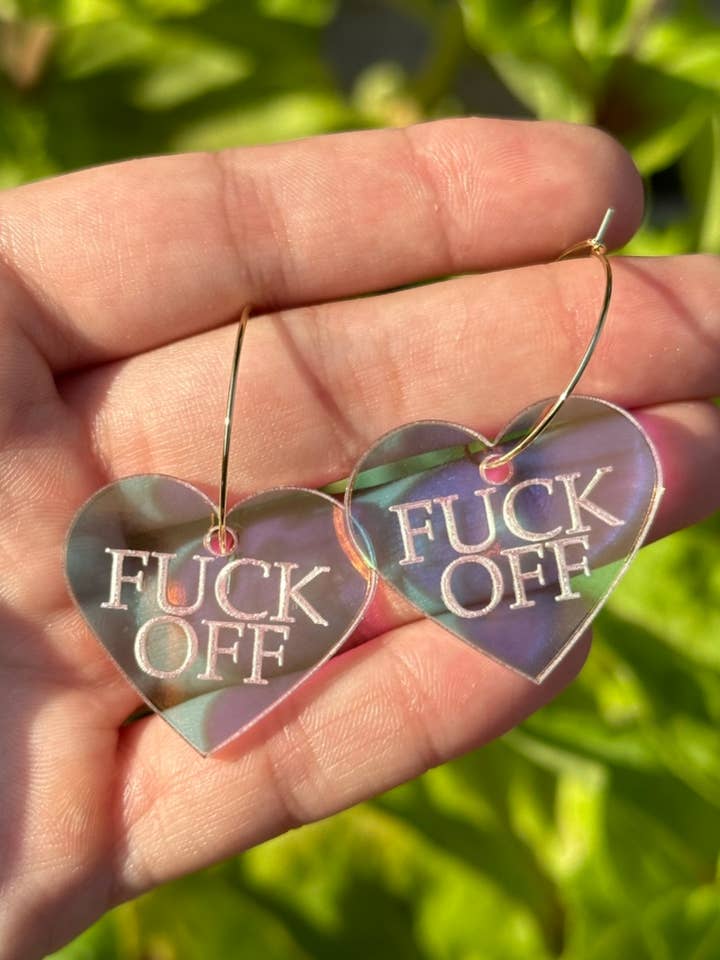 Fuck Off Iridescent Heart Hoop Earrings for wholesale by ShlemonArt