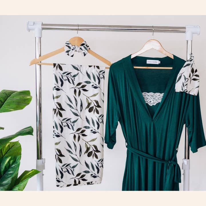 HAHA MAMA Clothing - Wholesale Robe - Women's - Emerald Green Maternity Delivery Gown & Leafy Vine Swaddle3