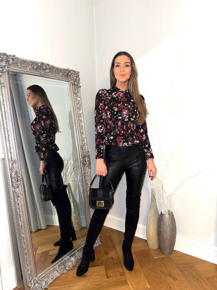 Multi Floral Shirred Waist Peplum Top for wholesale by Marina Kaneva