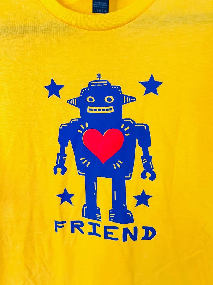 ROBOT FRIEND YELLOW - 2-color screen print T-shirt Unisex Softstyle all cotton for wholesale by Pixel Palmer