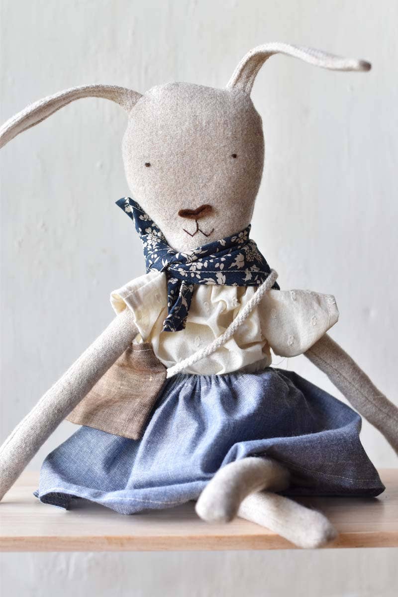 Woolgrass Farm - Wholesale Doll - Kids - Ruthie the Rabbit – Handmade Wool Doll in Chambray Skirt