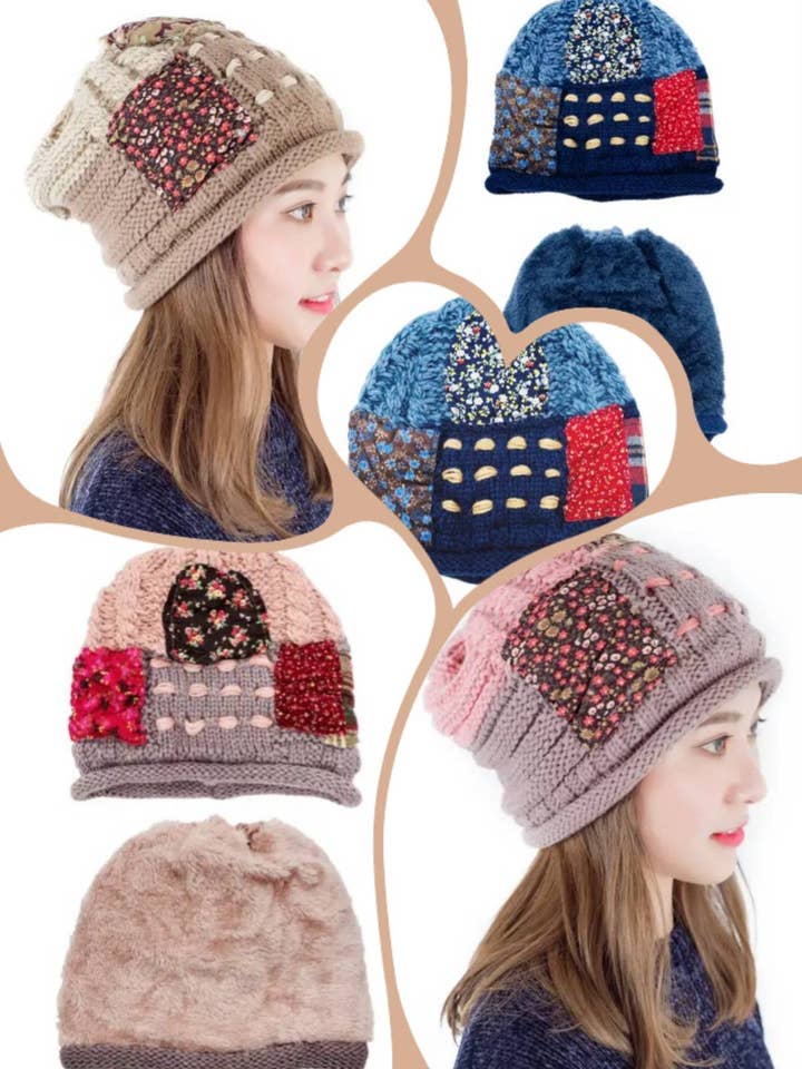 JCH307001 Bonnet en tricot patchwork réversible fait main avec doublure en peluche pour la vente par JC Sunny Fashion