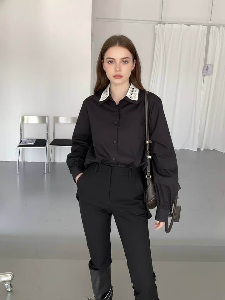 Sophisticated Shine: The Black Shirt with Embellished Collar 8622 for wholesale by ARTFLOW