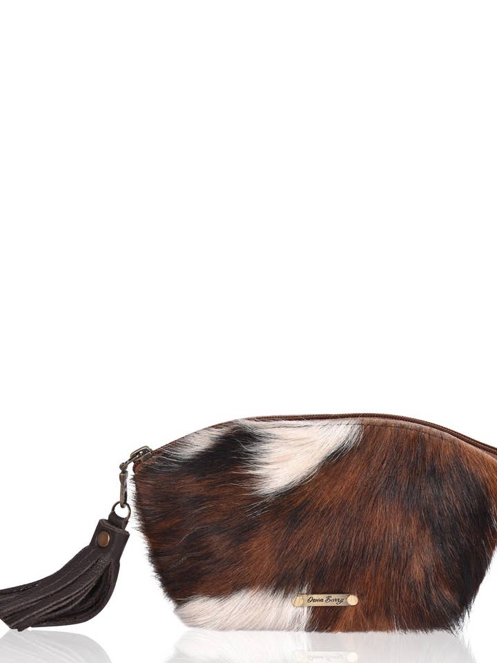 Cowhide Cosmetics Clutch |Tricolour Brown&White | Boho Large for wholesale by Owen Barry Ltd