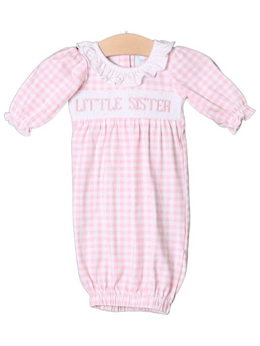 Smocked Little Sister Pink Gingham Gown for wholesale by The Smocked Flamingo