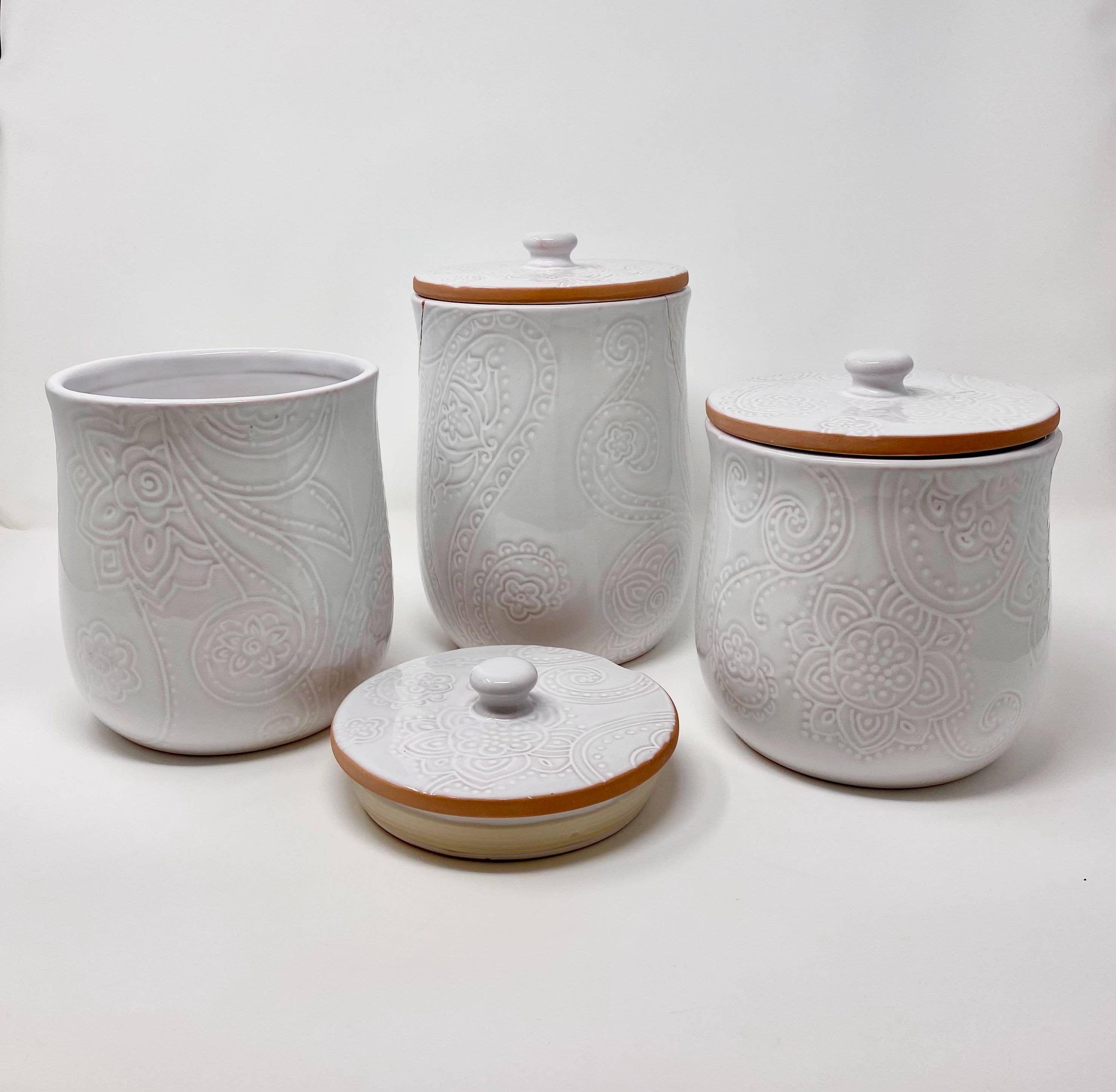 Drew Derose Design - Wholesale Canister set - White Embossed Paisley Ceramic Canister Set1