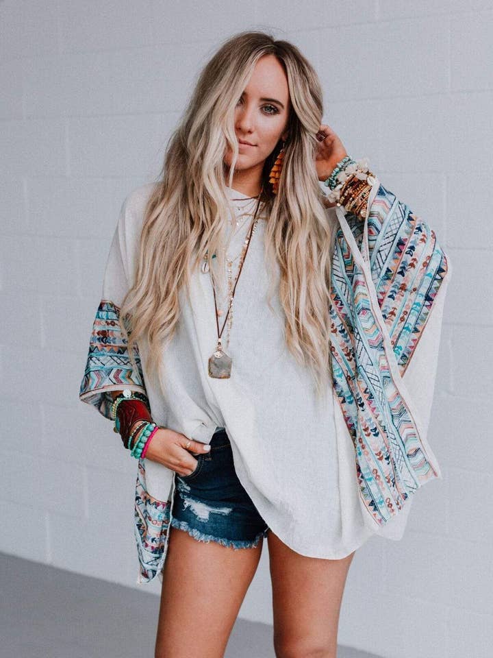 Fallon Embroidered Sleeve Poncho - Ivory for wholesale by Three Bird Nest