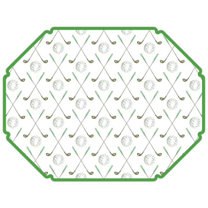 Hand Painted Golf Ball and Club Pattern Green Posh Placemat for wholesale by RosanneBeck Collections