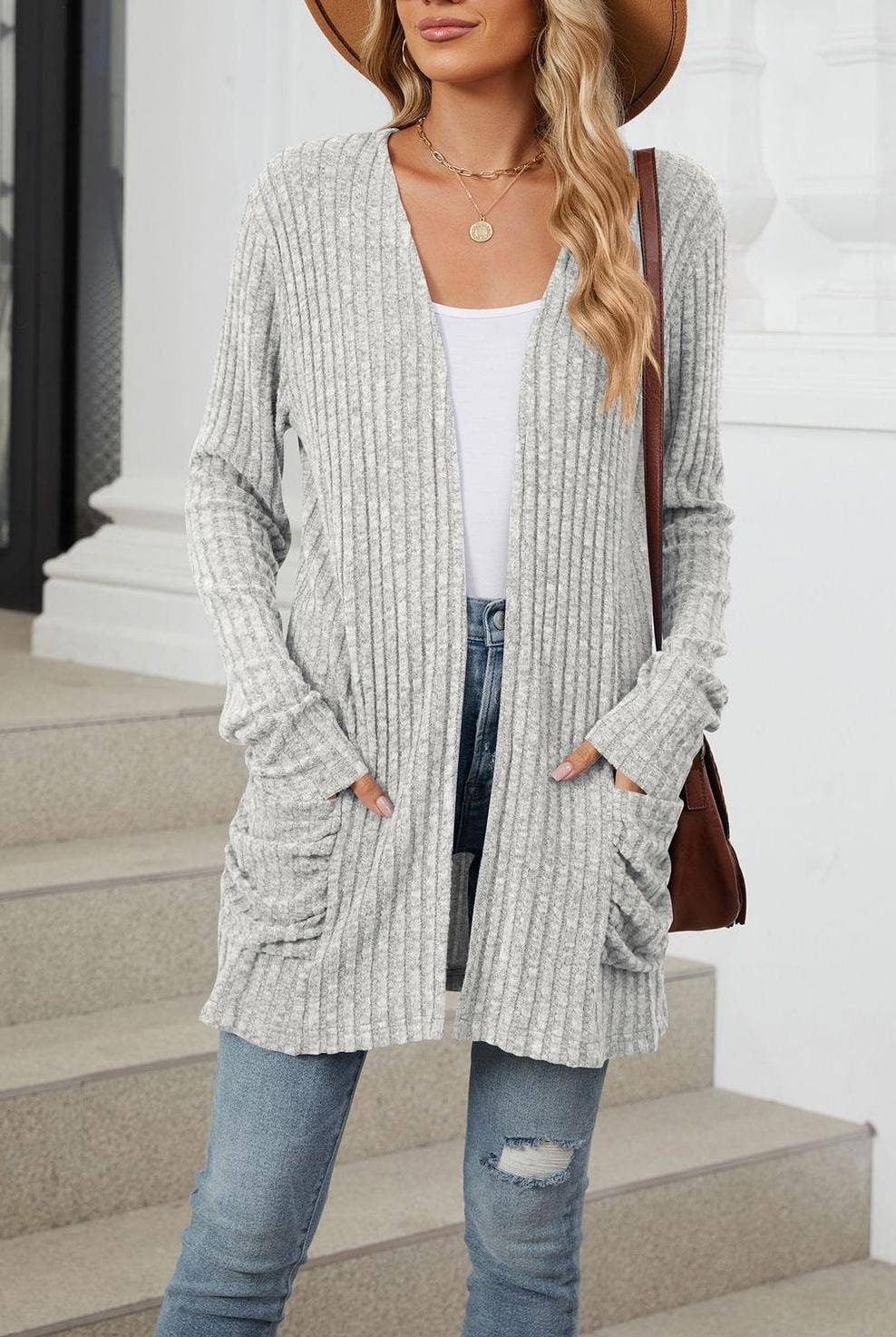 FULL TIME PURCHASE - Vente Cardigan – femme - Gilet en maille uni à manches longues avec poches6