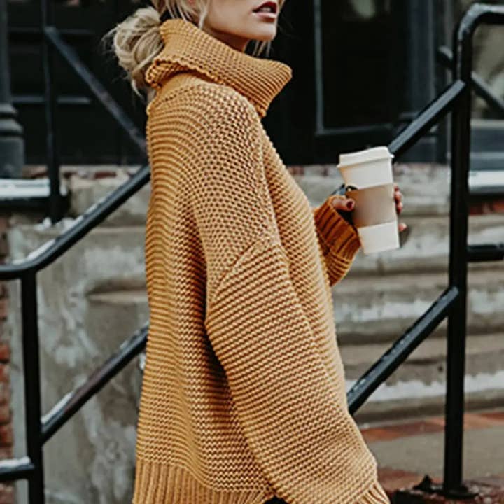 HOTOSECOND - Wholesale Knit Sweater - Women's - Loose Solid Turtleneck Pullover Sweater Women Winter Thicken Stringy Selvedge Crochet Tops Female Fashion Warm Knitetd Sweaters