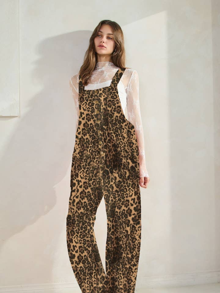Plus Acid Washed Leopard Printed Denim Jumpsuit for wholesale by Oddi