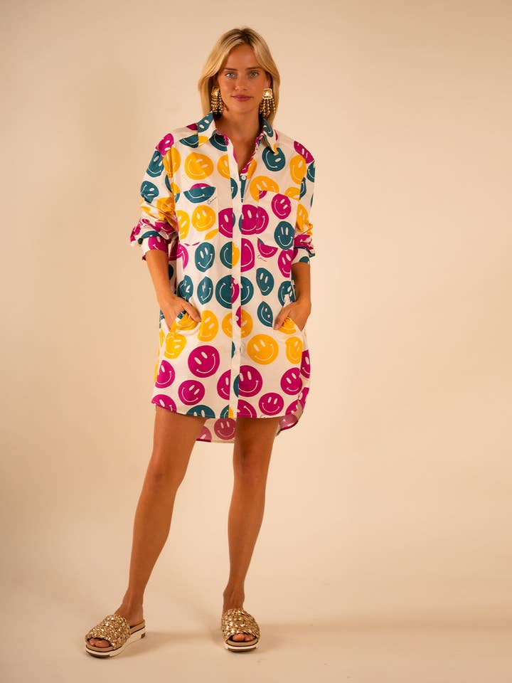 Preslie Poplin Shirt Dress All Over Smiley for wholesale by Care Tucker