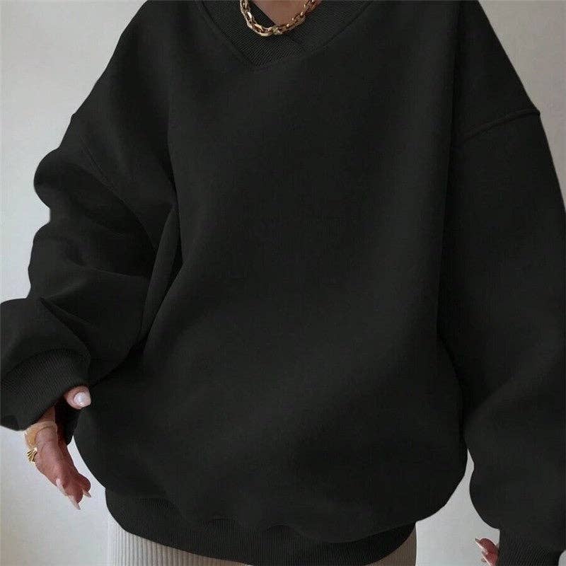 FurDecoration - Wholesale Sweatshirt - Women's - Casual Solid Color V-Neck Long Sleeve Sweatshirt3