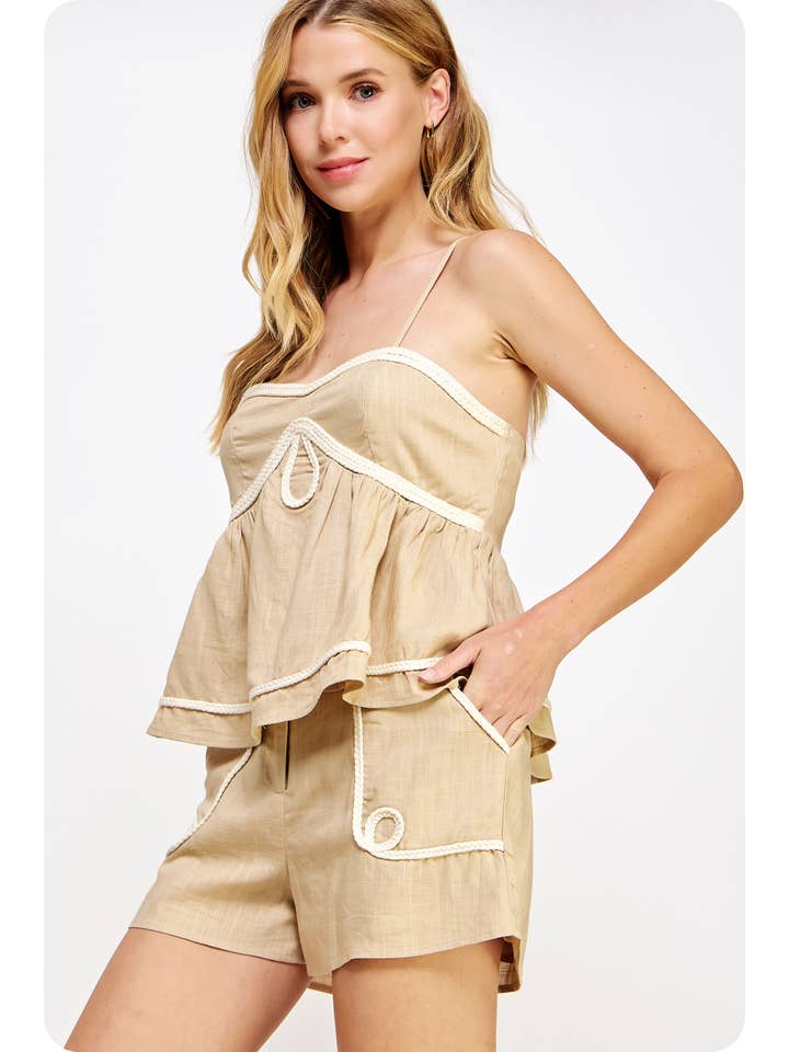 Strut & Bolt - Wholesale Blouse - Women's - Braid Trim Detail Sleeveless Linen Cami Top