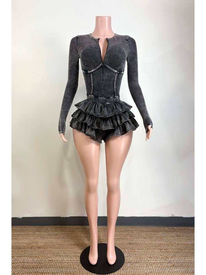 Dalia Studio - Wholesale Romper - Women's - MINERAL WASH ZIP UP TIERED BOTTOM ROMPER12