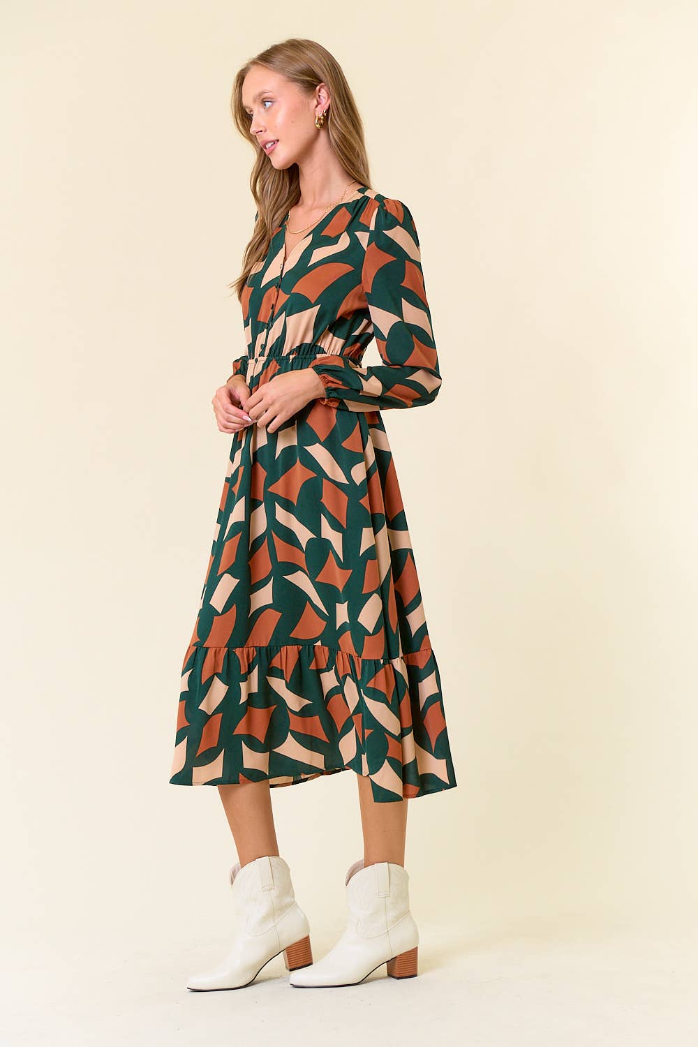 Doe and Rae - Wholesale Dress - Women's - Abstrct Print V-Neck Half Button Front Midi Dress - 27816D7