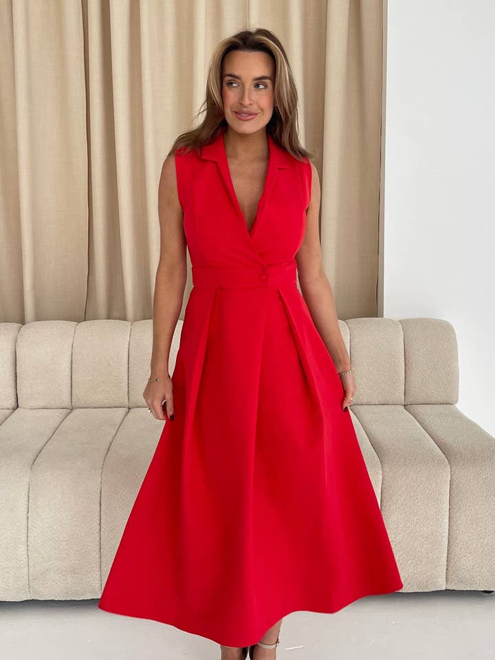 Cameron Collared Tailored Shirt Dress Red for wholesale by Girl In Mind