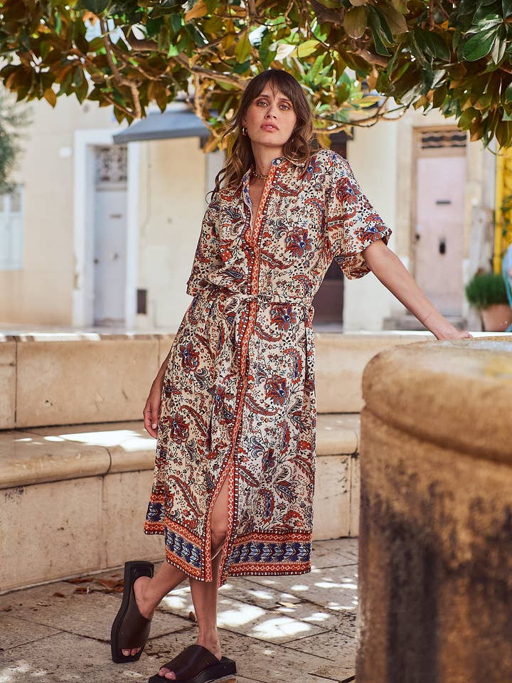 VESTIDO ILENA IMP kerala laranja por atacado de Maison Anje