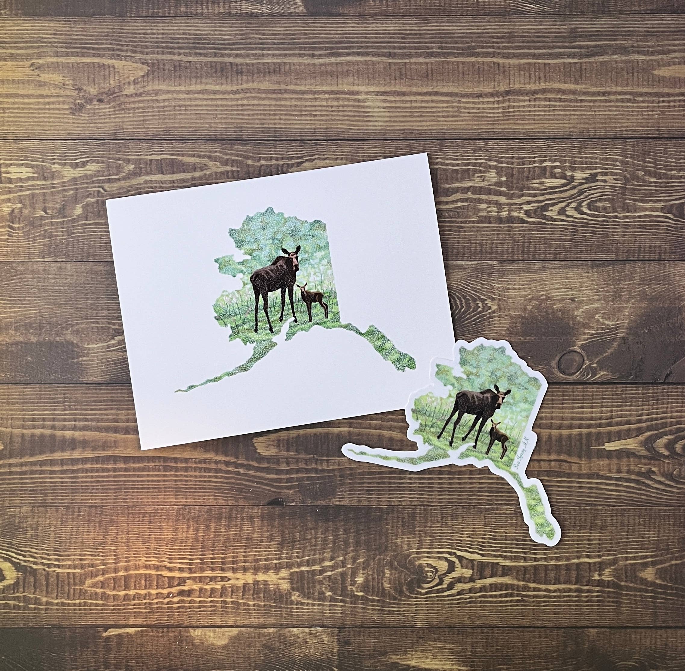 Sea Spray AK - Wholesale Everyday Greeting Card - Alaska State Map Momma Moose and Calf Greeting Card5