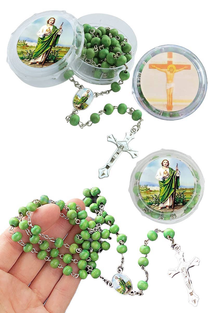 Catholic True Cross Matte Green Wood Rosary for wholesale on Faire0