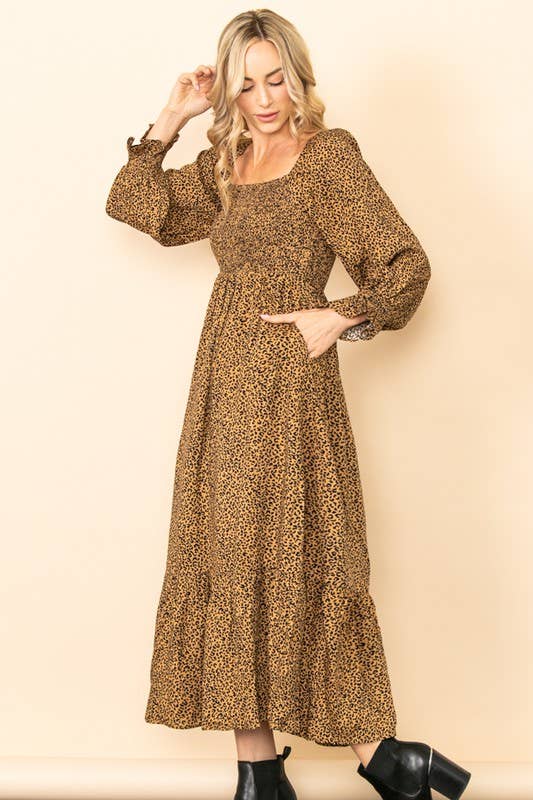Elloh Collection - Wholesale Dress - Women's - Flowy Leopard Print Square Neck Smocked Maxi Dress w Pockets4