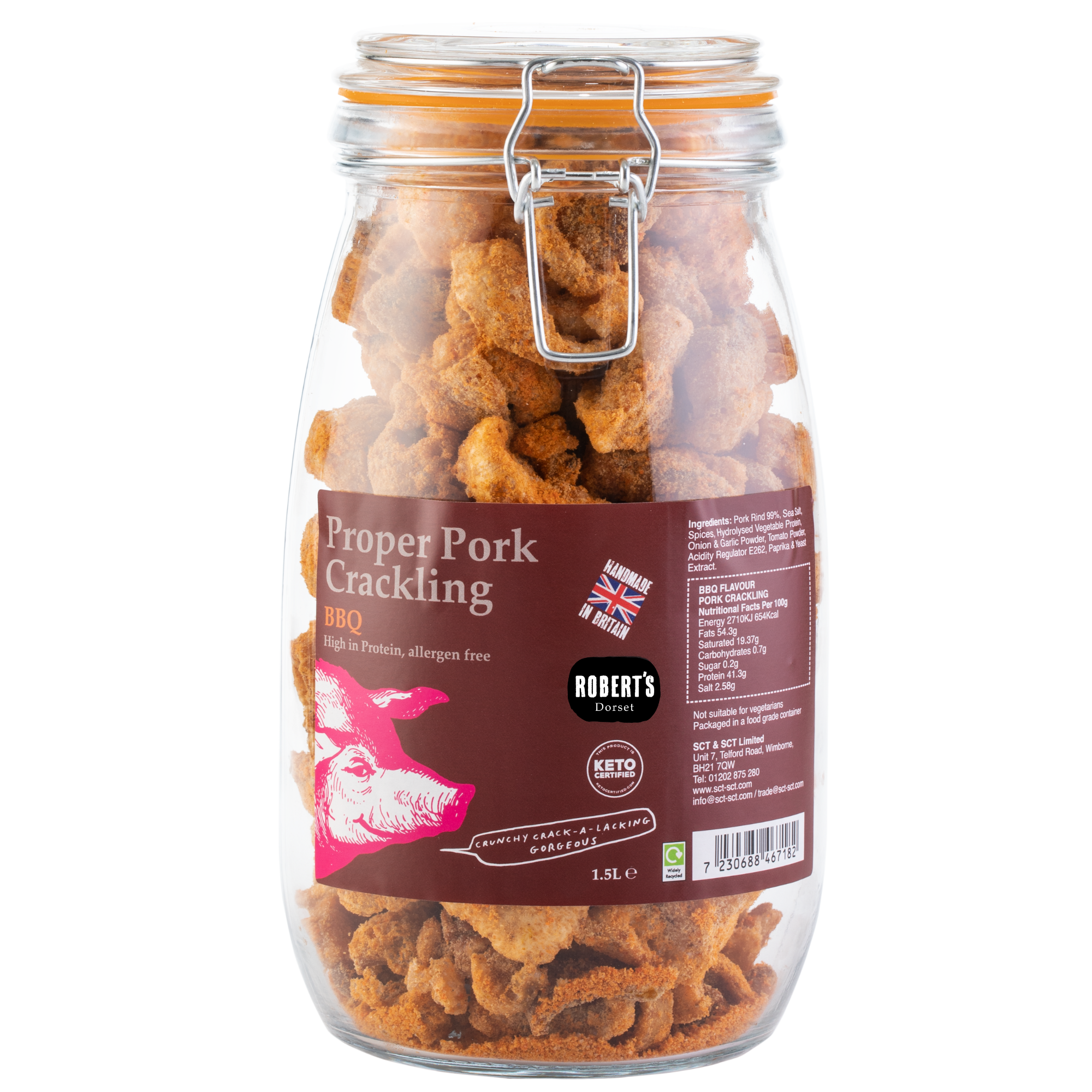 Robert’s Dorset – wholesale Puffed snack – Proper Pork Crackling 1.5L / 390g Glass Jar1
