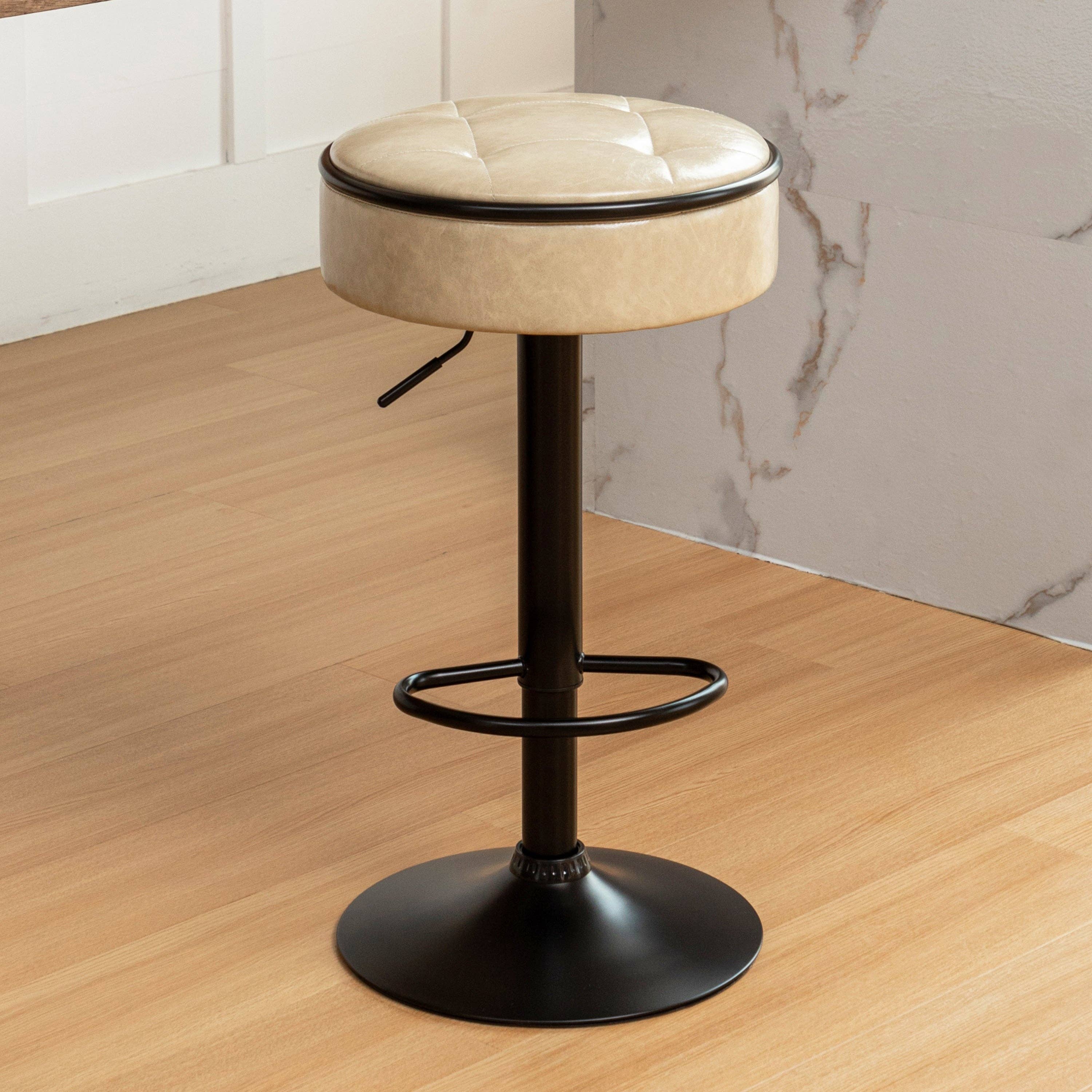 Orange County Decor - Wholesale Stool - Round Storage Bar Stool Set Of 2, Khaki Faux Leather Height Adjustable Barstool, 360 Counter Height Swivel Stool, Armless Bar Chair With Metal Frame For Kitchen Counter Dining Living Room Khaki Set35