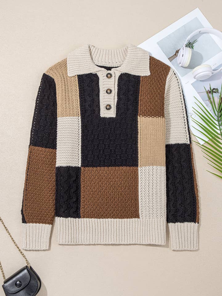 Multicolour Paige Cable Knit Sleeve Buttons Collared Sweater for wholesale on Faire7