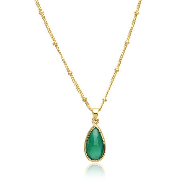 Simi Gold Teardrop Gemstone Pendant Green Onyx with Gift Box for wholesale by AZUNI London