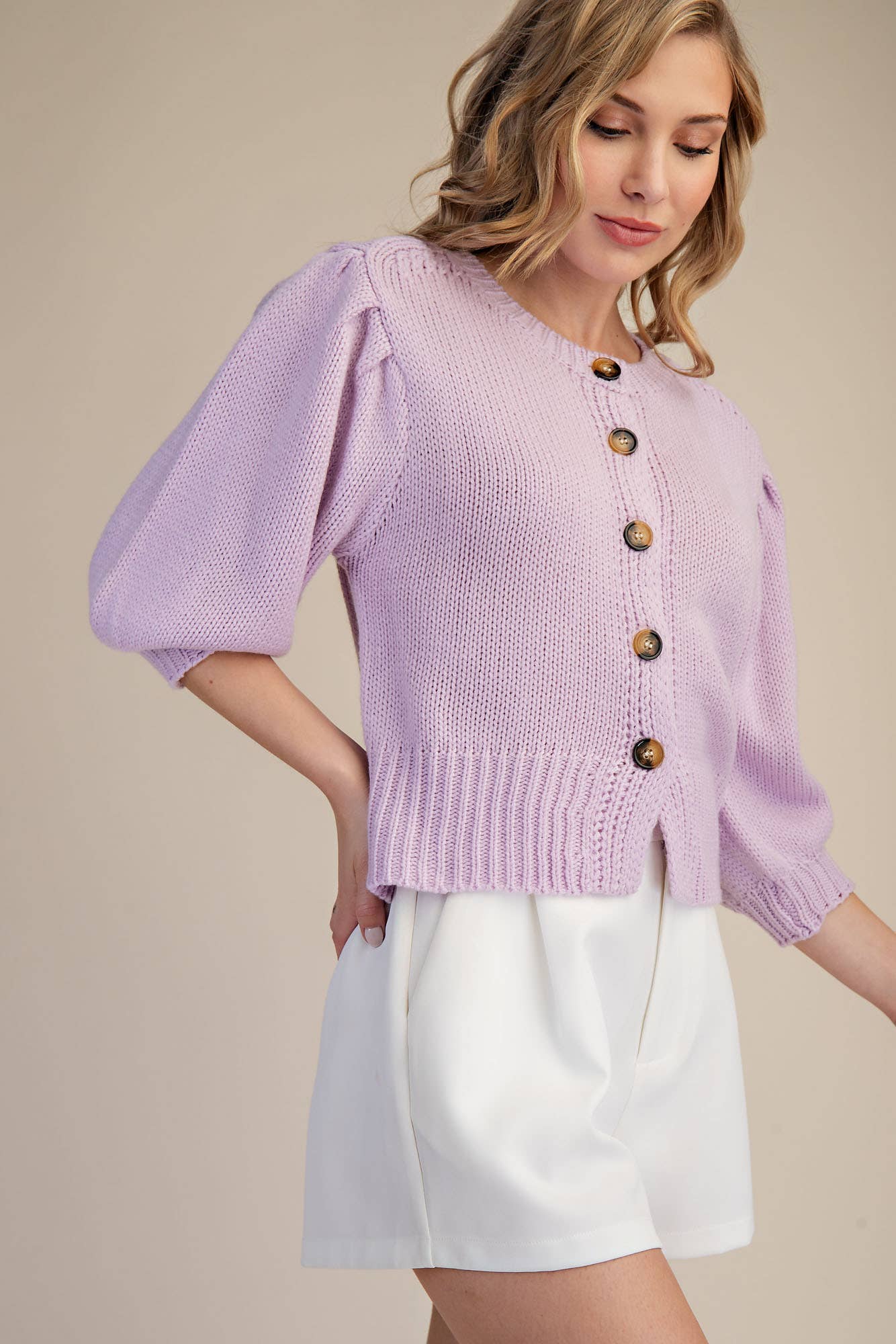 Glam - Wholesale Knit Sweater - Women's - Short Puff Sleeve Button Down Sweater - Reorder Friendly6