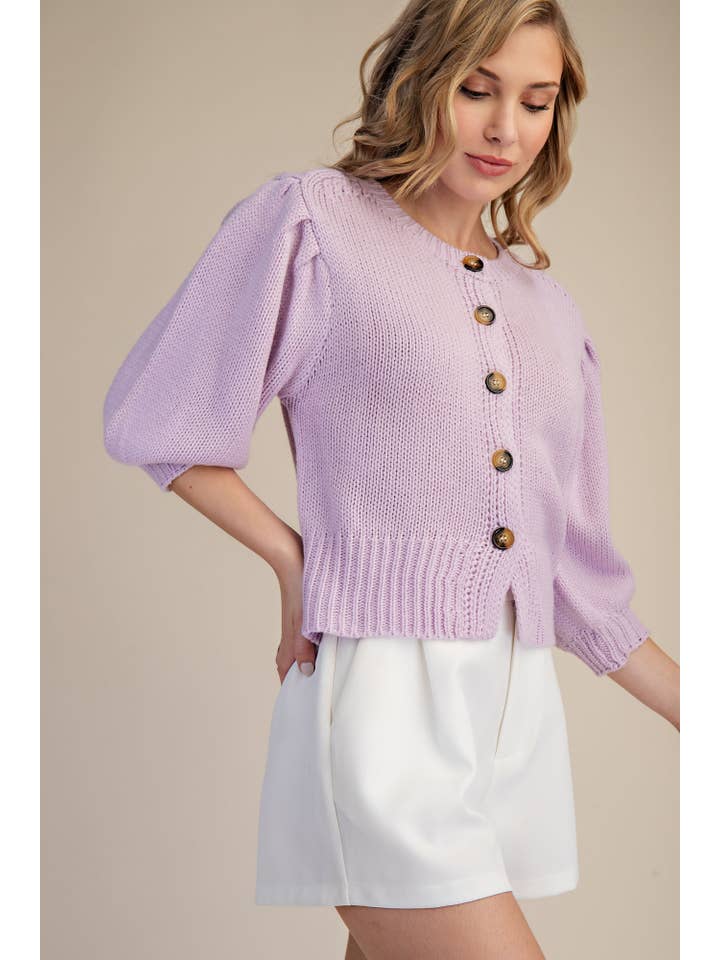 Glam - Wholesale Knit Sweater - Women's - Short Puff Sleeve Button Down Sweater - Reorder Friendly6