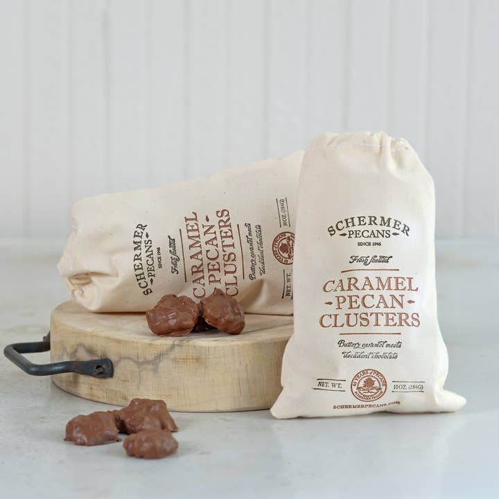 Schermer Pecans - Wholesale Nuts - PECAN CARAMEL CLUSTERS - GA Grown - 12 Cloth Bags/Case5