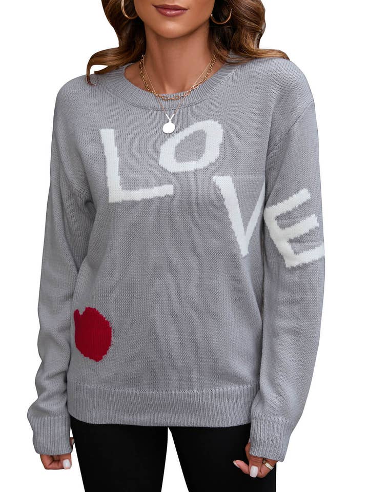 GRAY LOOSE PATCHWORK LOVE LETTER JACQUARD SWEATER for wholesale on Faire2